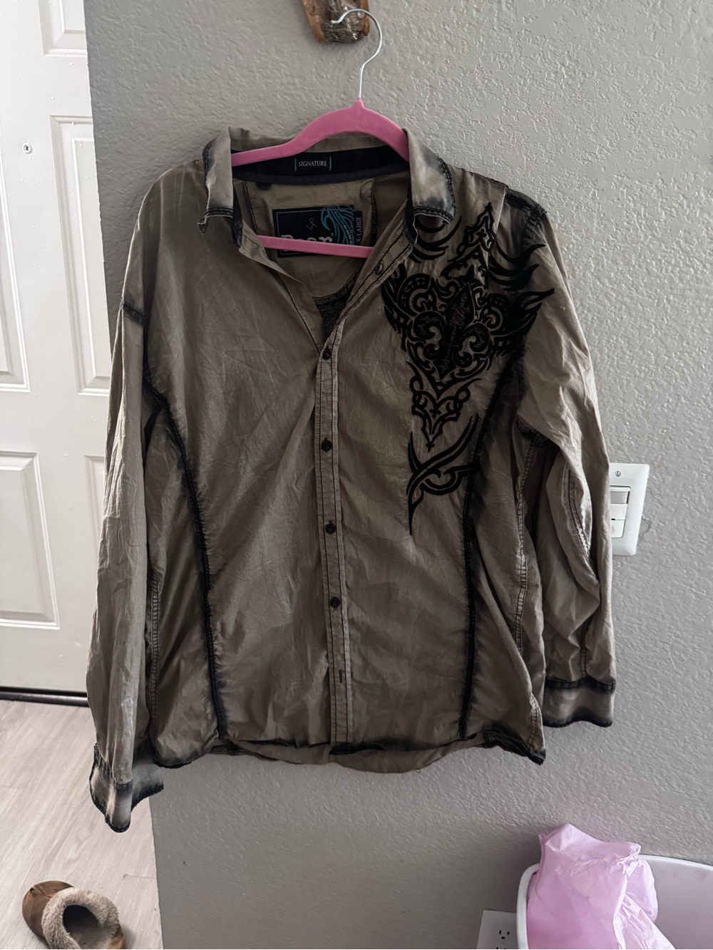 Roar Men's Taupe Button-Up Shirt Jacket with Black Embroidery